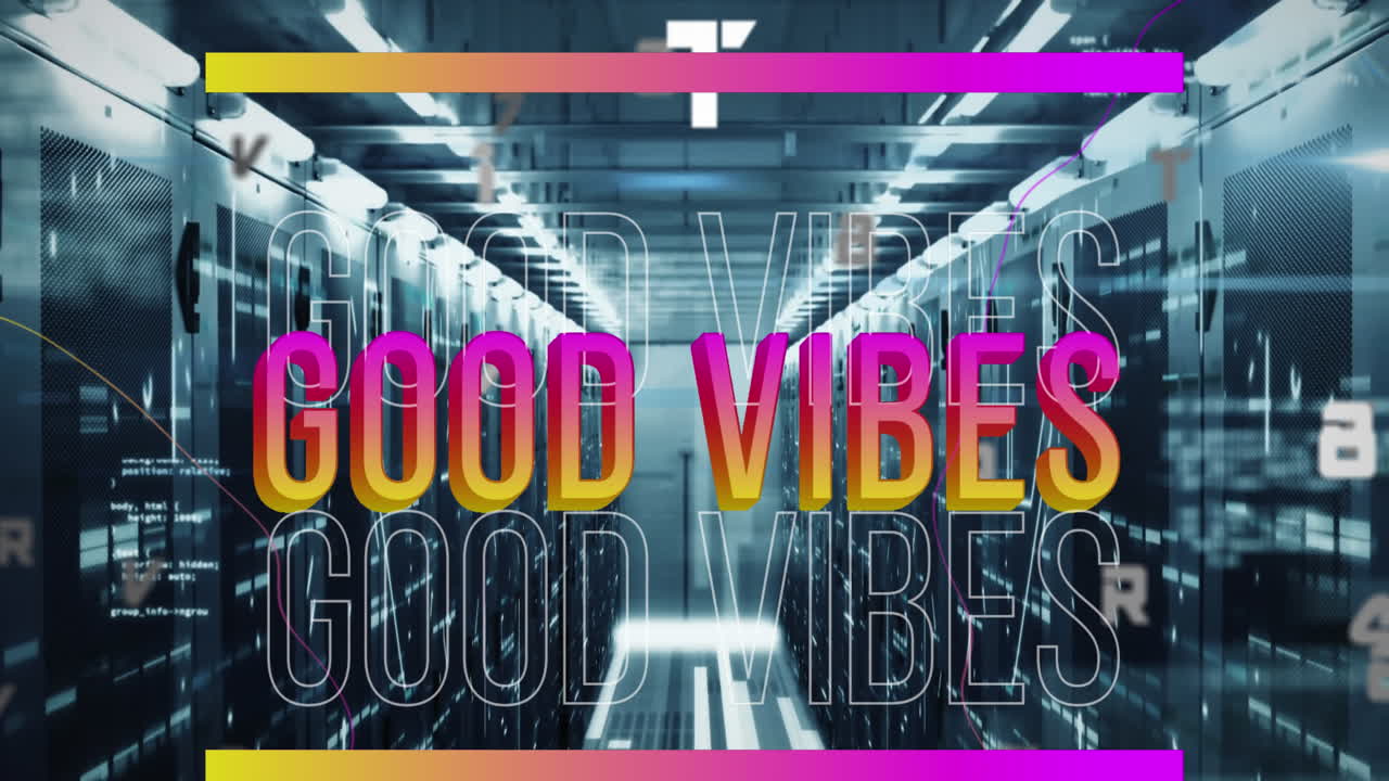 Animation of good vibes text and data processing over computer servers