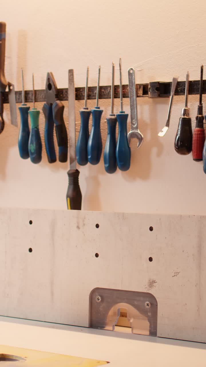 Close-up Pan of Hand Tools Organized on a Wall Rack