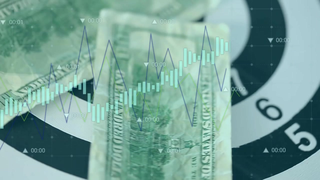 Animación de billetes sobre procesamiento de datos.