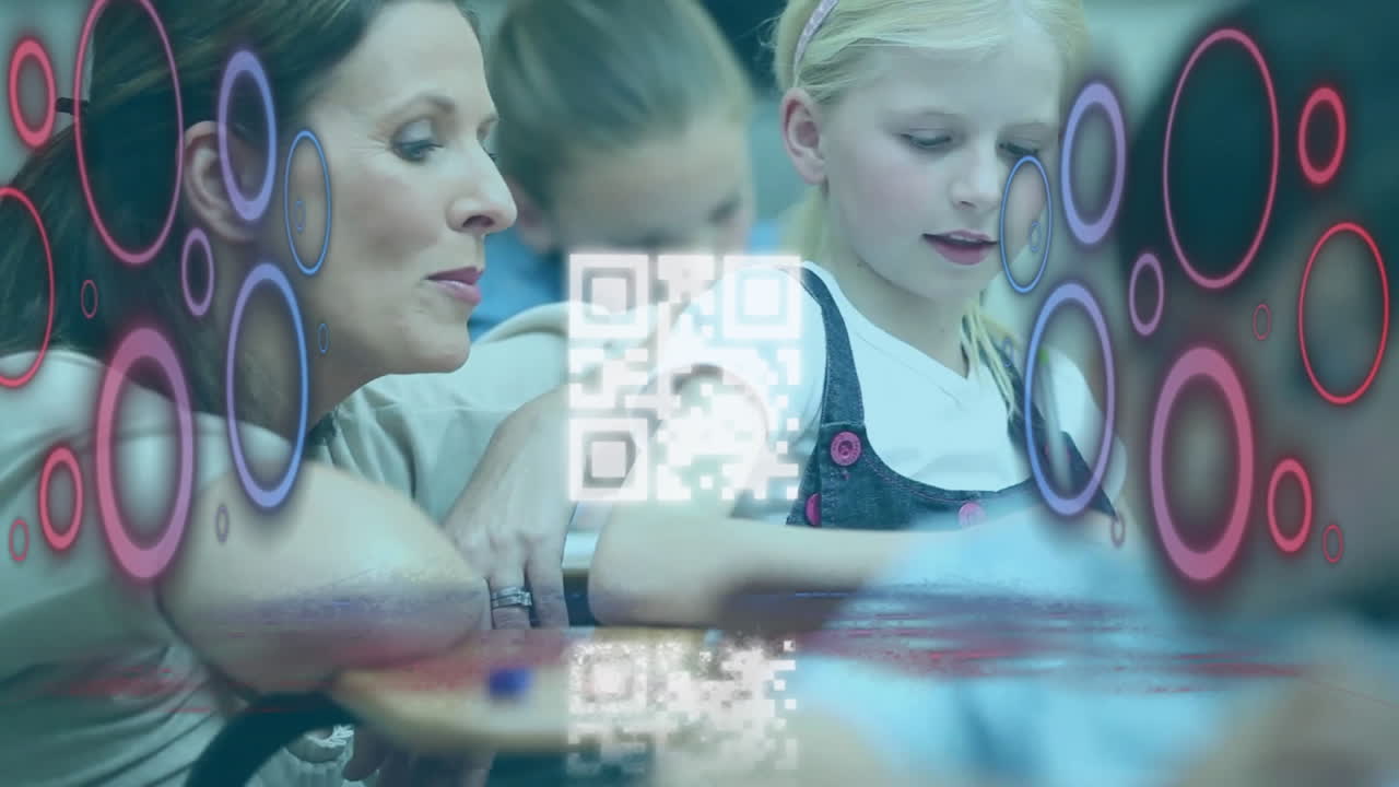 Women and children interacting with QR code and colorful circle animation overlay