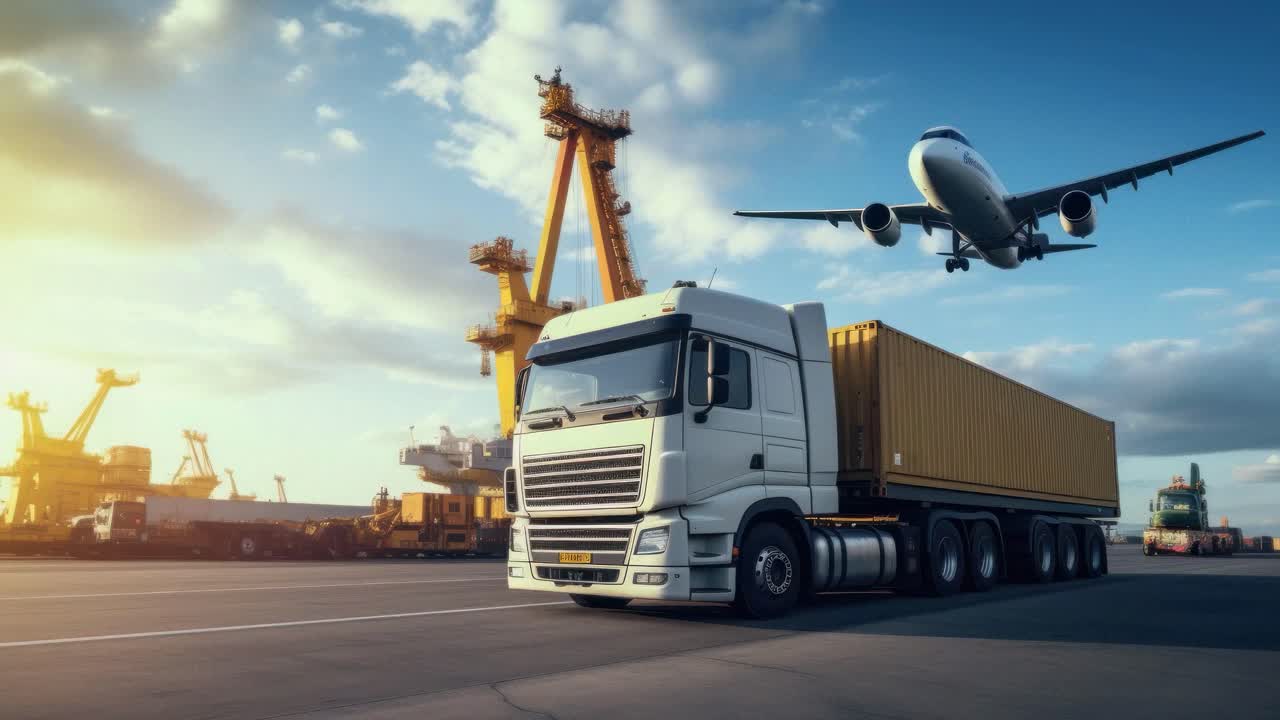 Dynamic low-angle video shot of a white truck with a container, highlighting speed and motion
