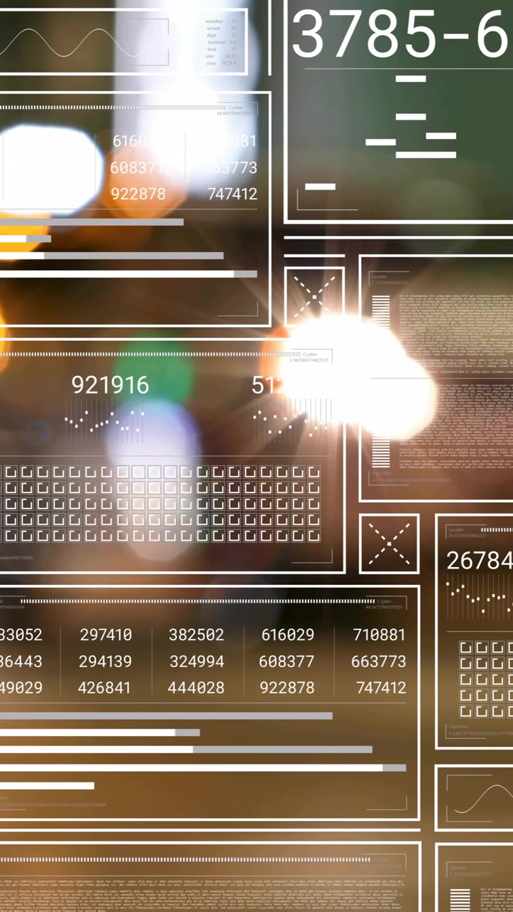 Animazione di elaborazione e analisi dati su sfondo di luci sfocate della città.