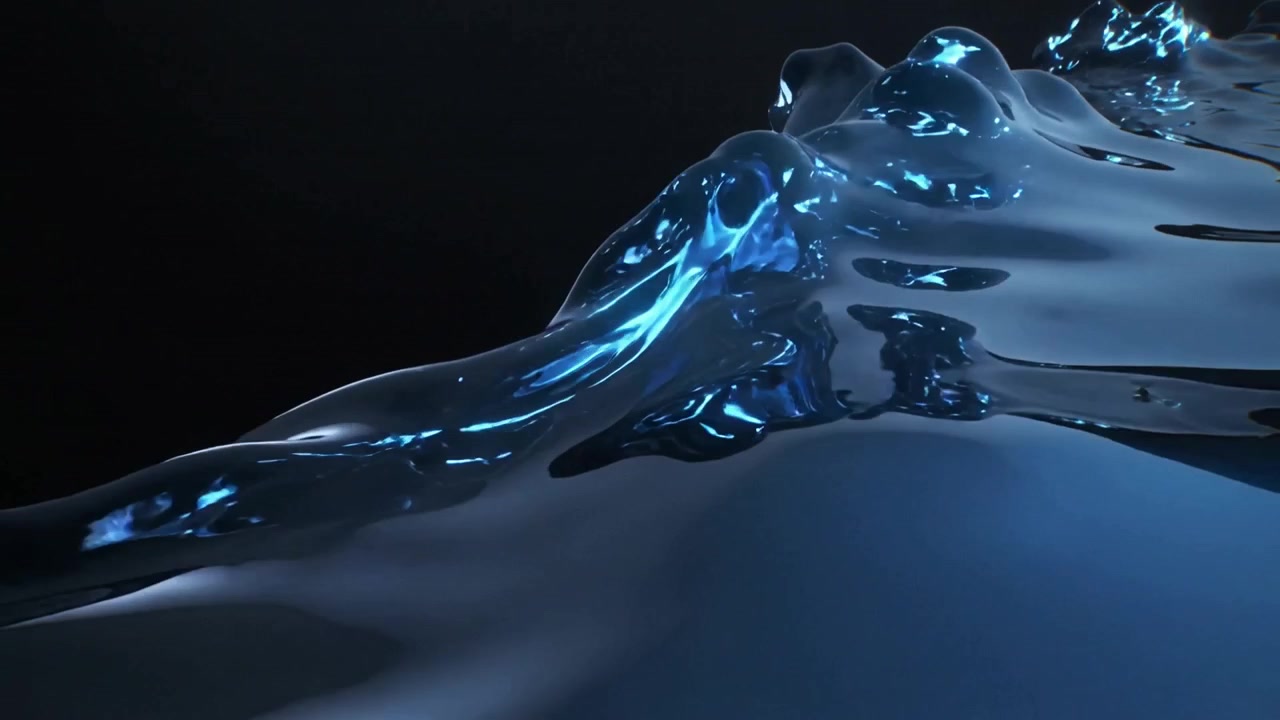 Rippling from left-edge, glossy dark-blue liquid surface forming electric-blue crest in dark studio