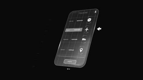 Animation of digital interface with icons and data processing on black background