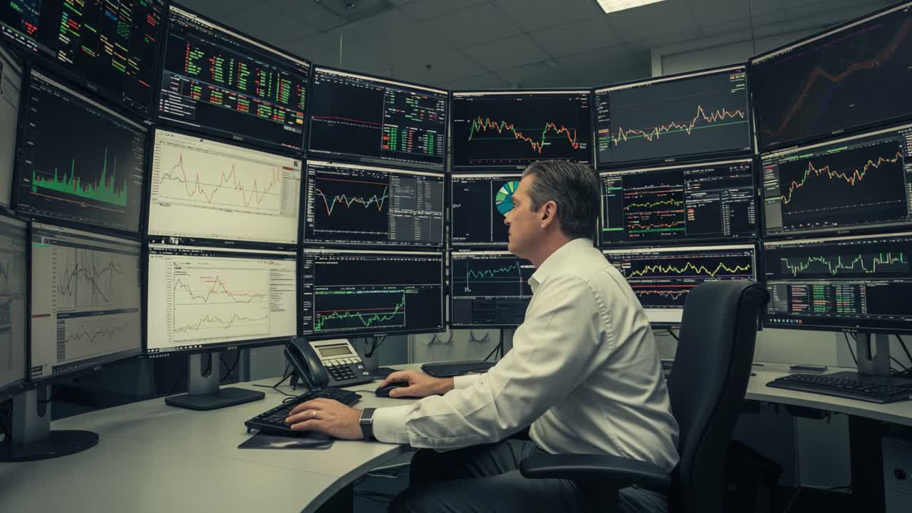 Focused Financial Analyst Monitoring Stock Market Trends in a High-Tech Trading Room Surrounded by Multiple Screens Displaying Real-Time Data and Graphs