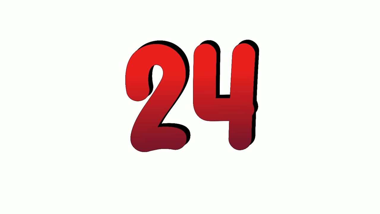 Numero 24 ventiquattro simbolo segno animazione motion graphics icona su sfondo bianco, il numero si rivela nel fumo, numero video cartone animato per elementi video