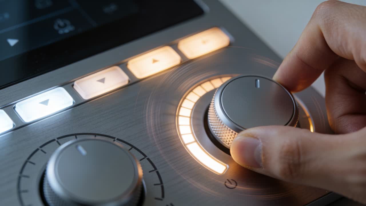 Adult hand entering from right, turning metal knob clockwise, LED arc confirming audio level