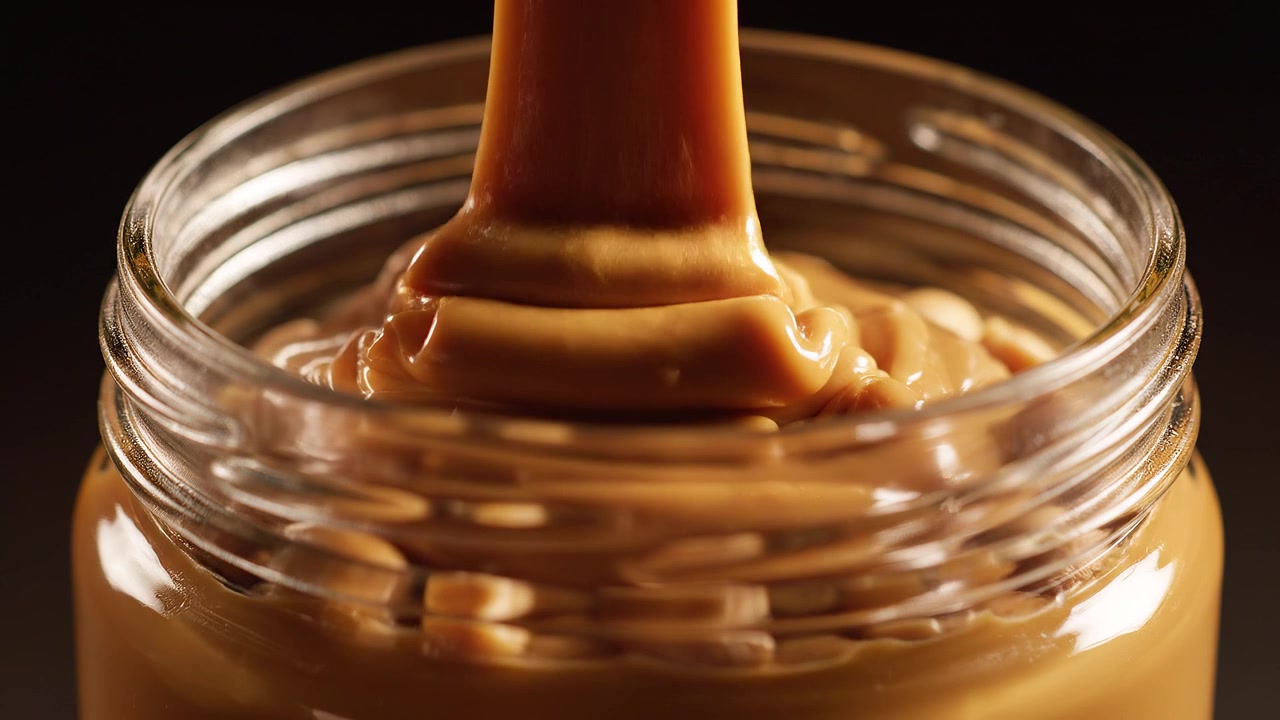 Creamy peanut butter pouring into a glass jar with peanuts