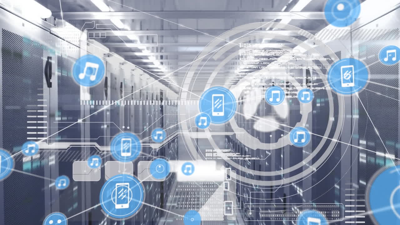 아이콘과 데이터 처리를 통해 컴퓨터 서버를 통해 연결 네트워크의 애니메이션