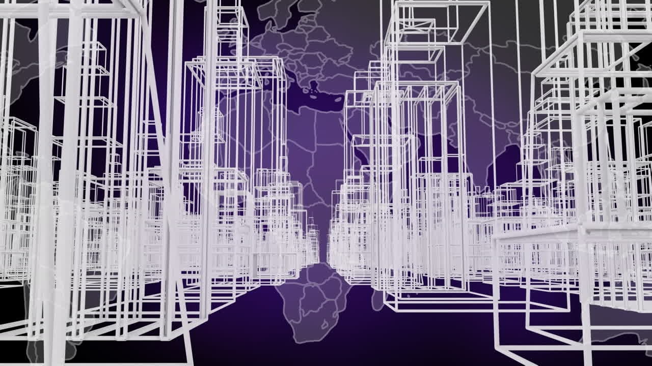 검은색 배경의 세계 지도 위의 디지털 도시 애니메이션