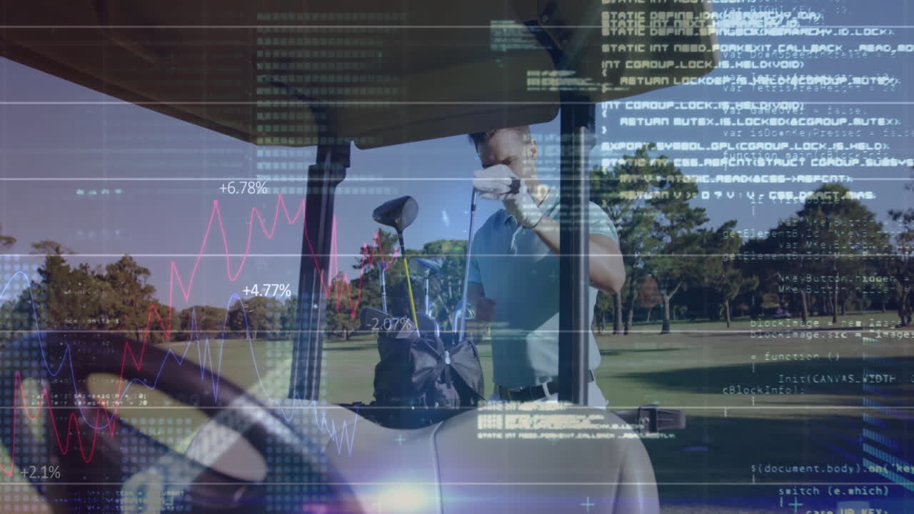 Man with golf clubs on course, financial data and graphs overlay animation