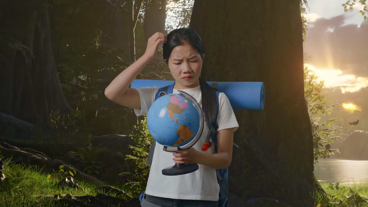 산악 배 을 들고 세계 지구 를 손 에 들고 숲 의 자연 을 탐험 하는 동안 혼란 스러운 몸짓 을 하는 아시아 여자 산책자