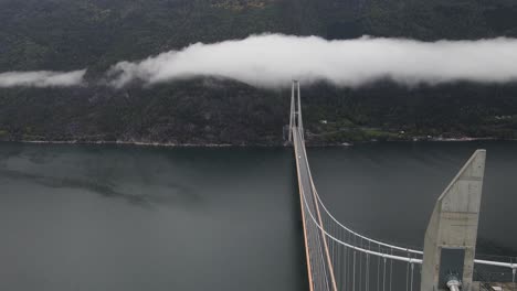 Panning areal footage of one of the longest suspension bridges in the world
