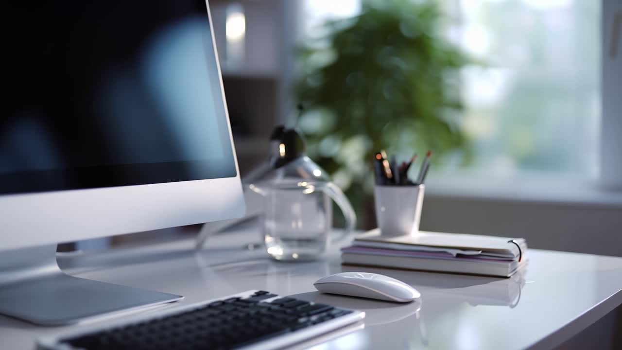 Mesa limpa com monitor, teclado e xícara de café. Foco suave desfoca o fundo, enfatizando o espaço de trabalho. A luz natural brilha através da janela atrás das plantas