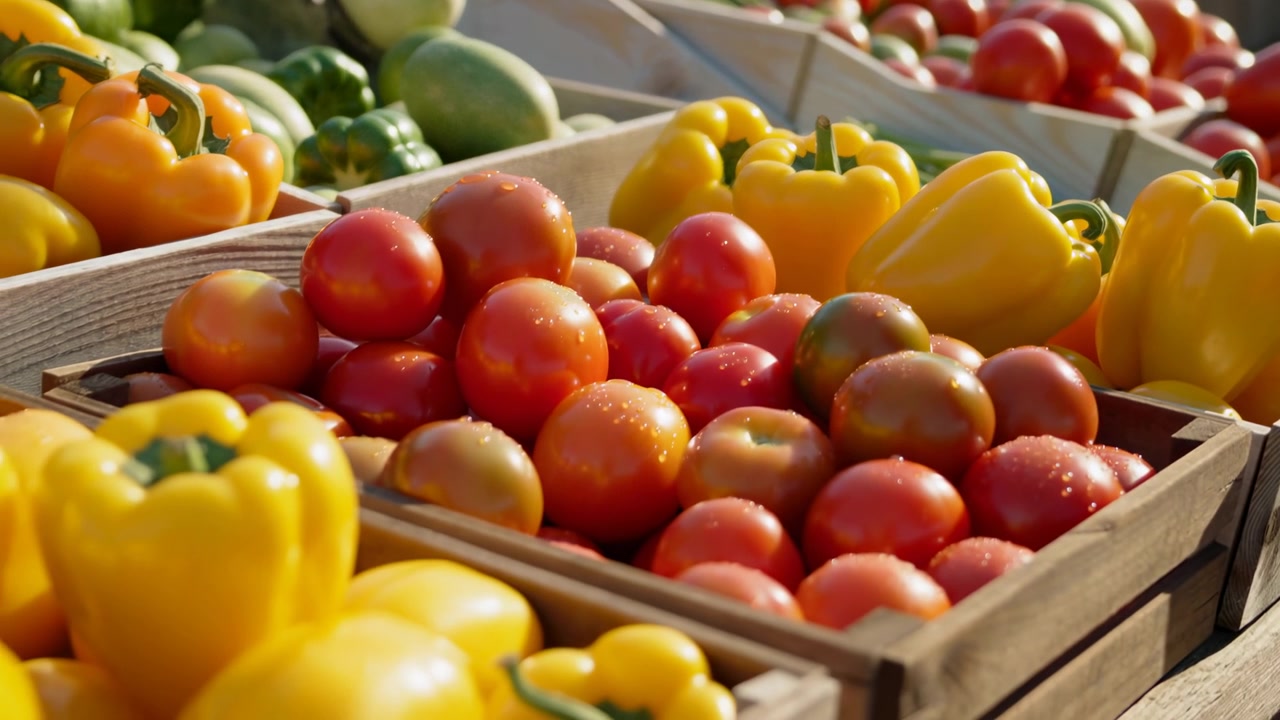 Low angle view across rustic wooden crates packed with fresh tomatoes and yellow peppers at outdoor market, with bright sunlight, rich color, glossy surfaces, and abundant seasonal produce
