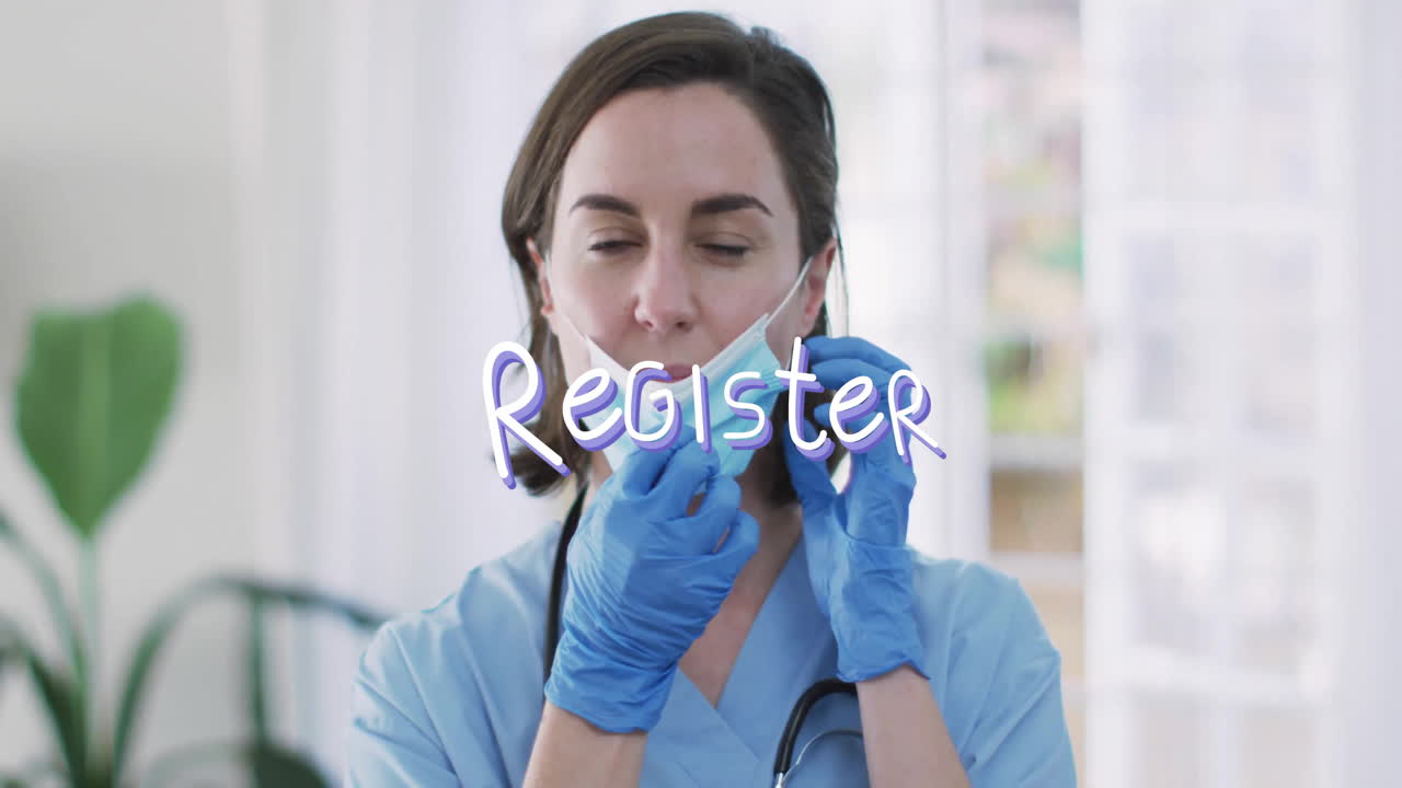 Healthcare worker adjusting surgical mask in medical office, showing overlaid Register text