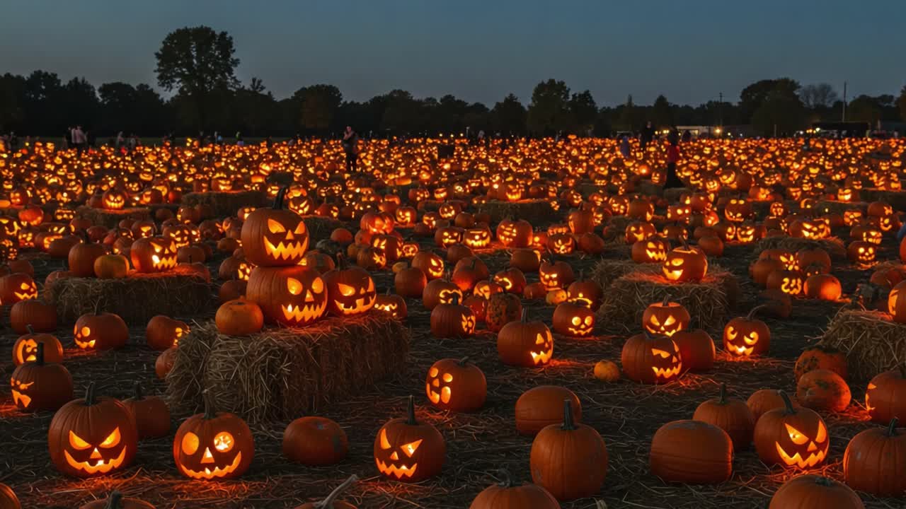A Stunning Display of Jack-o'-Lanterns Illuminates the Night at a Pumpkin Patch, Capturing the Essence of Autumn Festivities and Halloween Spirit