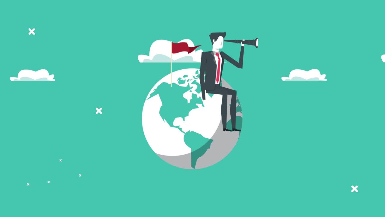 지구 행성에 앉아있는 망원경을 가진 우아한 사업가 노동자