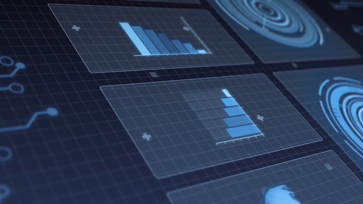 Animation of statistics recording and scopes scanning on screens over grid