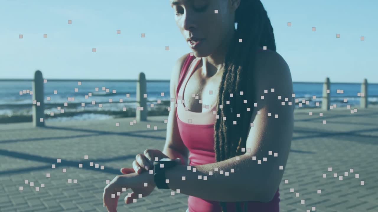 animación de estadísticas y gráficos sobre mujeres que usan relojes inteligentes en el paseo marítimo