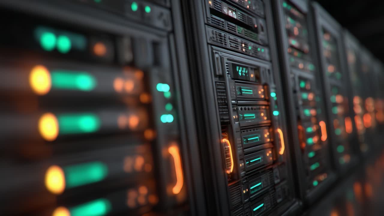Exploring the Dynamics of Data Storage: An Intricate View of a High-Tech Server Rack with Illuminated Status Indicators and Complex Components
