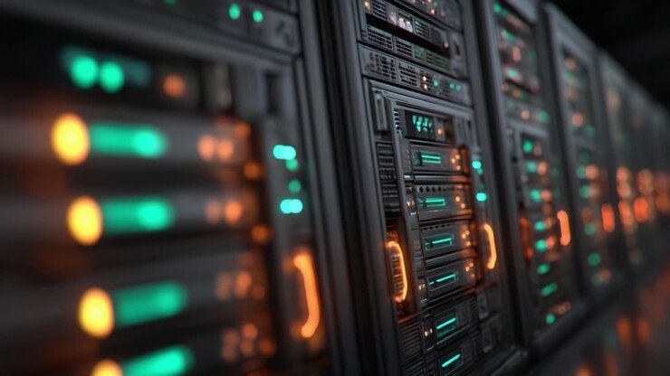Exploring the Dynamics of Data Storage: An Intricate View of a High-Tech Server Rack with Illuminated Status Indicators and Complex Components