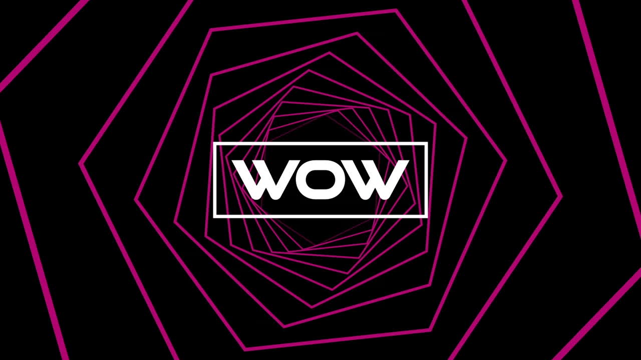 육각형과 검은색 배경으로 만든 터널 위의 와우의 애니메이션