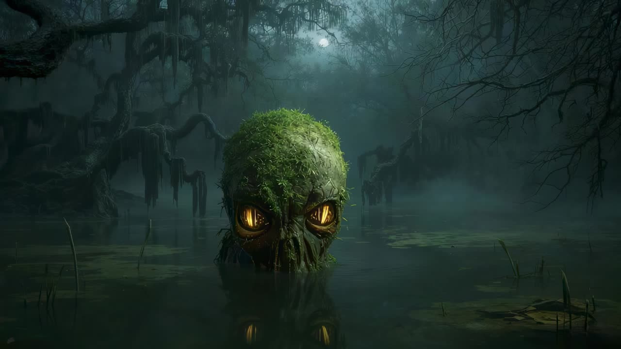 Creatura muschiosa e increspata che emerge in una palude di cipressi illuminata dalla luna, con occhi color ambra che scrutano l’ambiente circostante