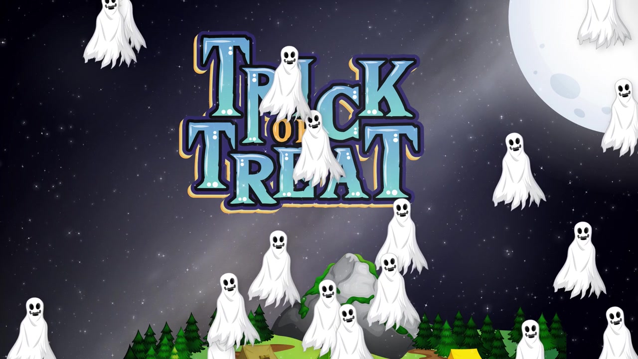 Kreskówkowe duszki unoszą się po gwiaździstym nocnym niebie z górami i napisem świątecznym Halloween.