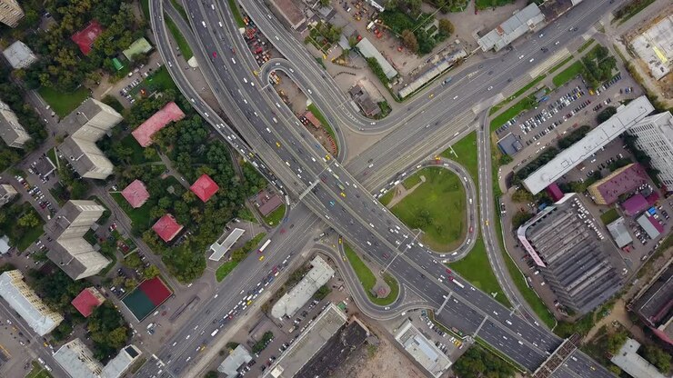 russia moscow city day time traffic road junction intersection aerial panorama 4k