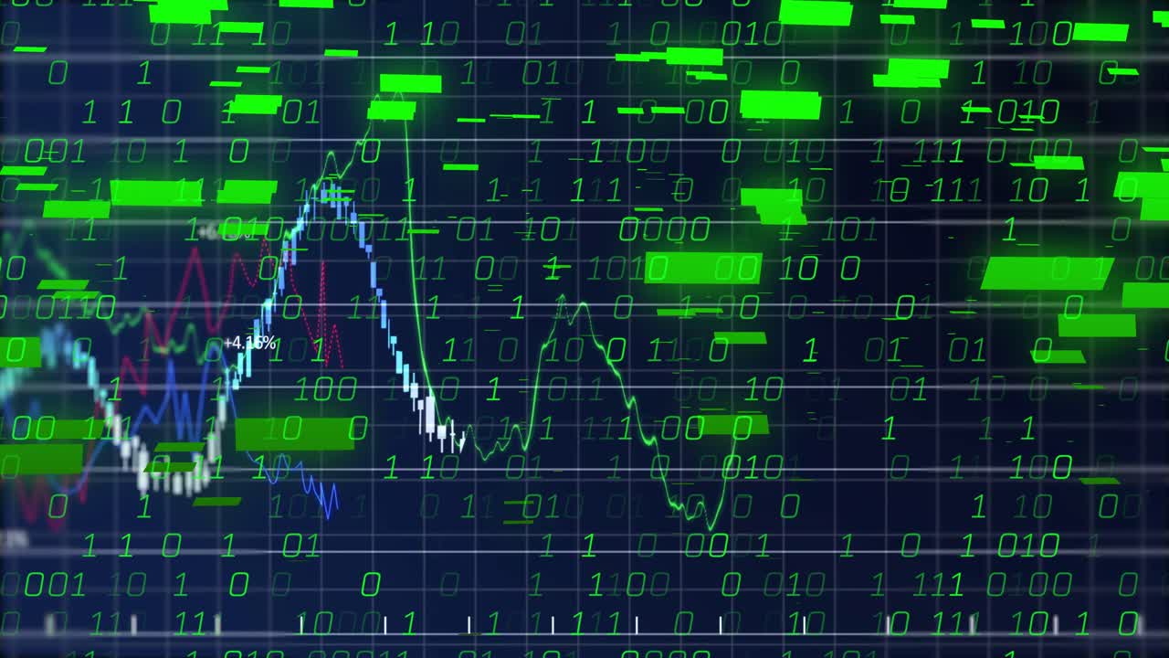 Animating data visualization on blue grid, binary streams entering and causing traces fluctuating