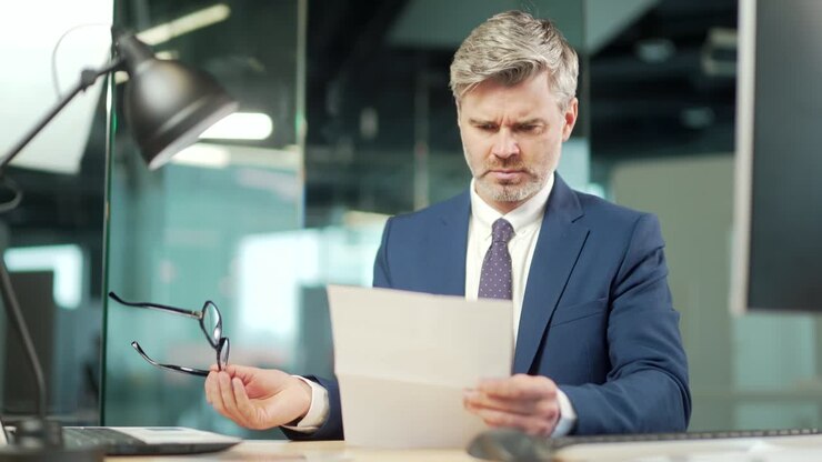 Difficult mature business male employee to deal with paperwork. documents. Stressed businessman confused by mistake, looking through papers. bookkeeper