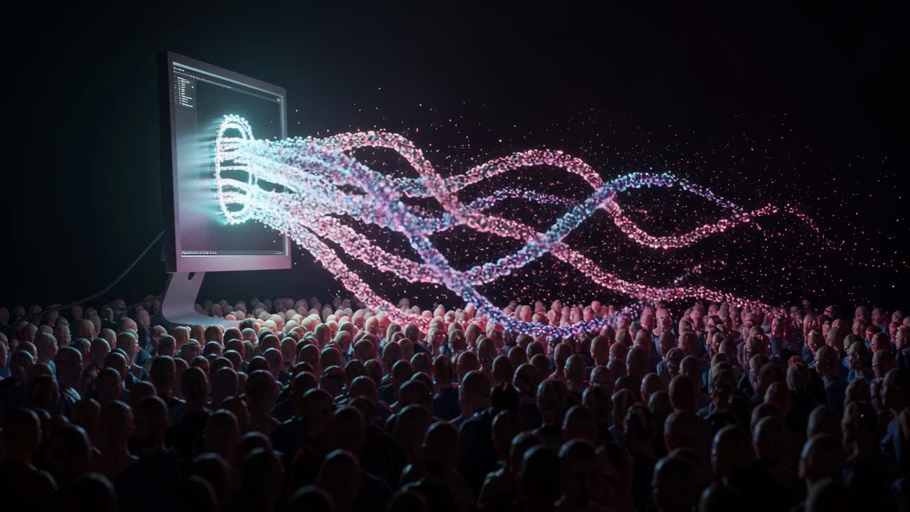 Crowd interacts with digital display showcasing abstract data visualization and colorful light waves at a technology event