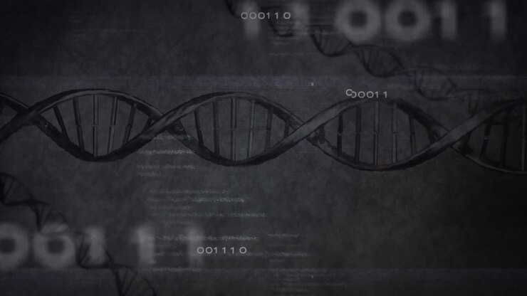 Animation of data processing, numbers and dna over grey background