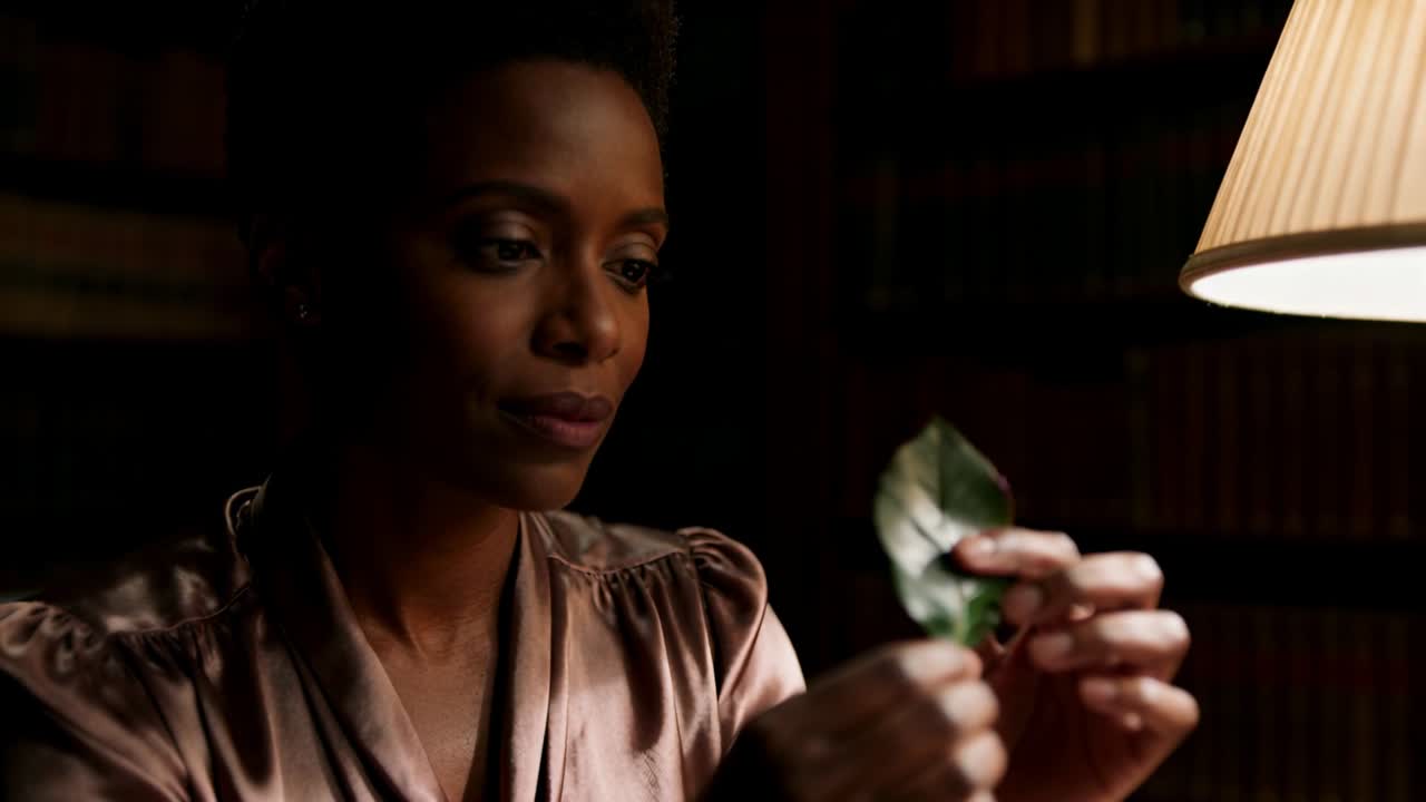 Curious woman in silk blouse lifting green leaf to lamp in study, inspecting edges, bookshelves