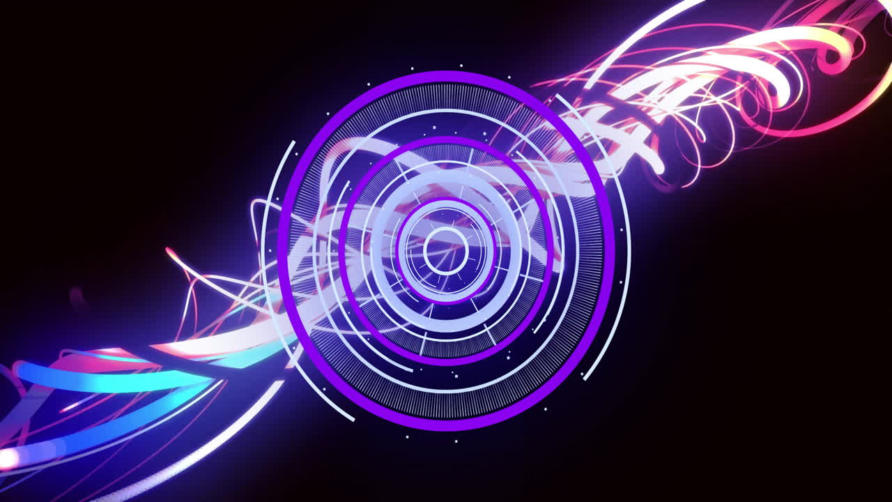 Circular geometric shapes and colorful light trails, futuristic animation