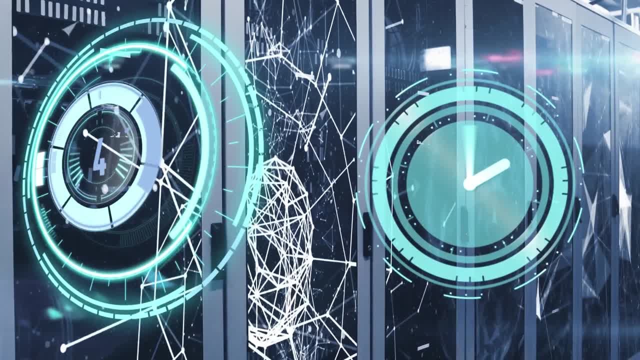 escáner redondo y reloj digital contra múltiples servidores