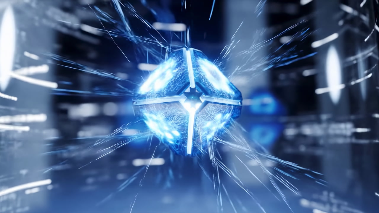 Glowing Blue Quantum Energy Core Floats, Releasing Sparkling Particle Bursts And Streaking Light Trails