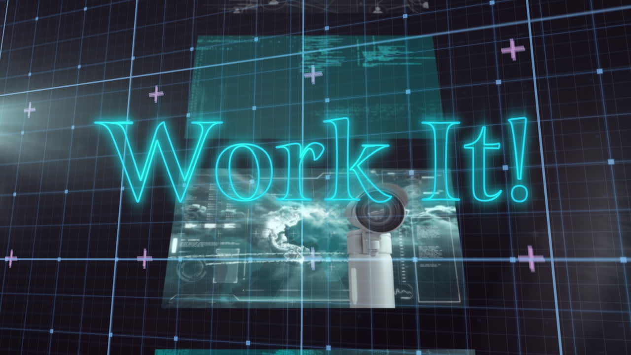 작업의 애니메이션: 파란 네온 텍스트와 보안 카메라와 스크린에 있는 데이터에 대한 디지털 그리드