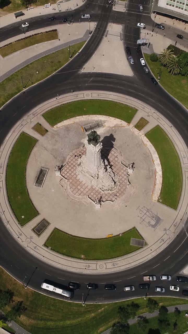 Marques de Pombal Roundabout. Lisbon, Portugal. Aerial Vertical Video 4k