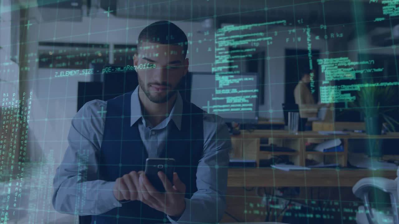 Animation of data processing over diverse business people in office