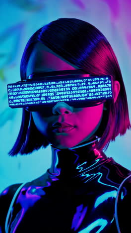 cyberpunk woman with glowing vr glasses displaying code