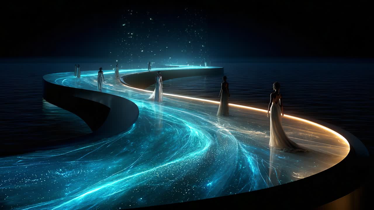 A captivating journey unfolds along a luminescent river pathway, where ethereal figures in flowing gowns glide gracefully through a mystical, illuminated landscape at night