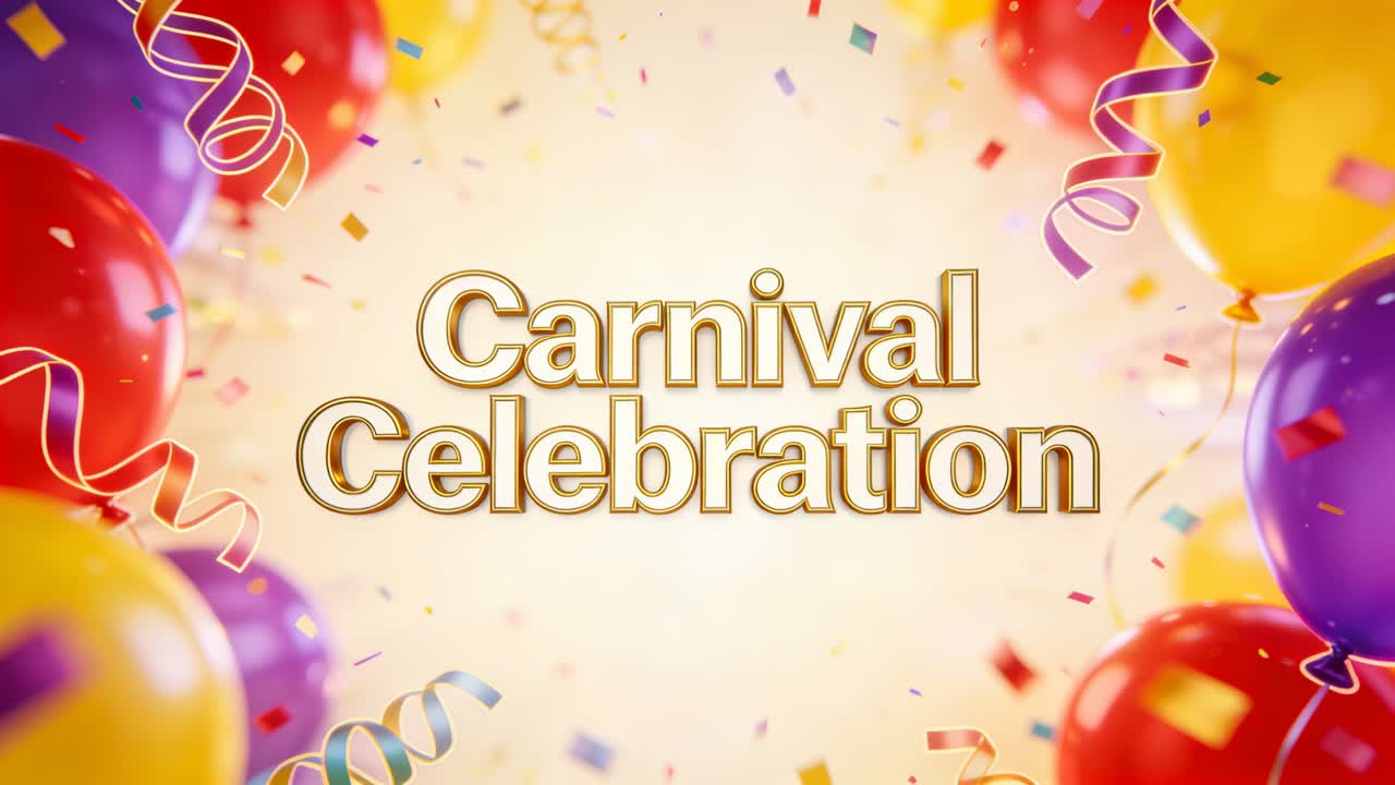 Viser den gylne tittelen «Carnival Celebration» etter en eksplosjon for å kunngjøre festivalen på et sett med glødende ballonger.