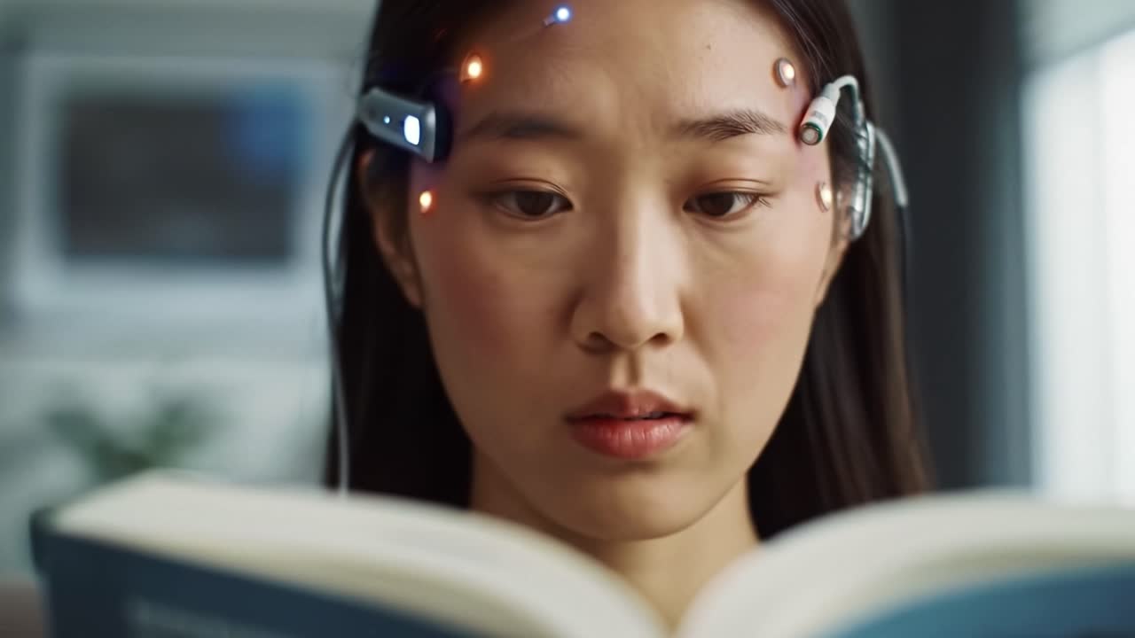 Woman Reading a Book with Neural Interface