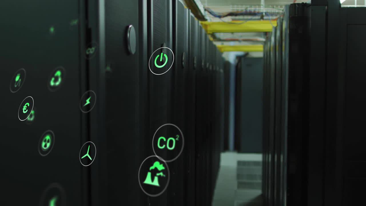 Animation of ecology icons over server room