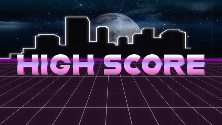 Animation vintage video game screen with metallic words high score written