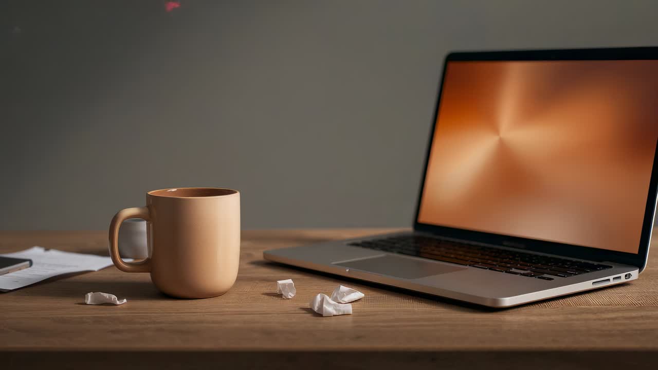 Telecamera in movimento che rivela un laptop con schermo arancione e una tazza beige sulla scrivania, mostrando un'area di lavoro.