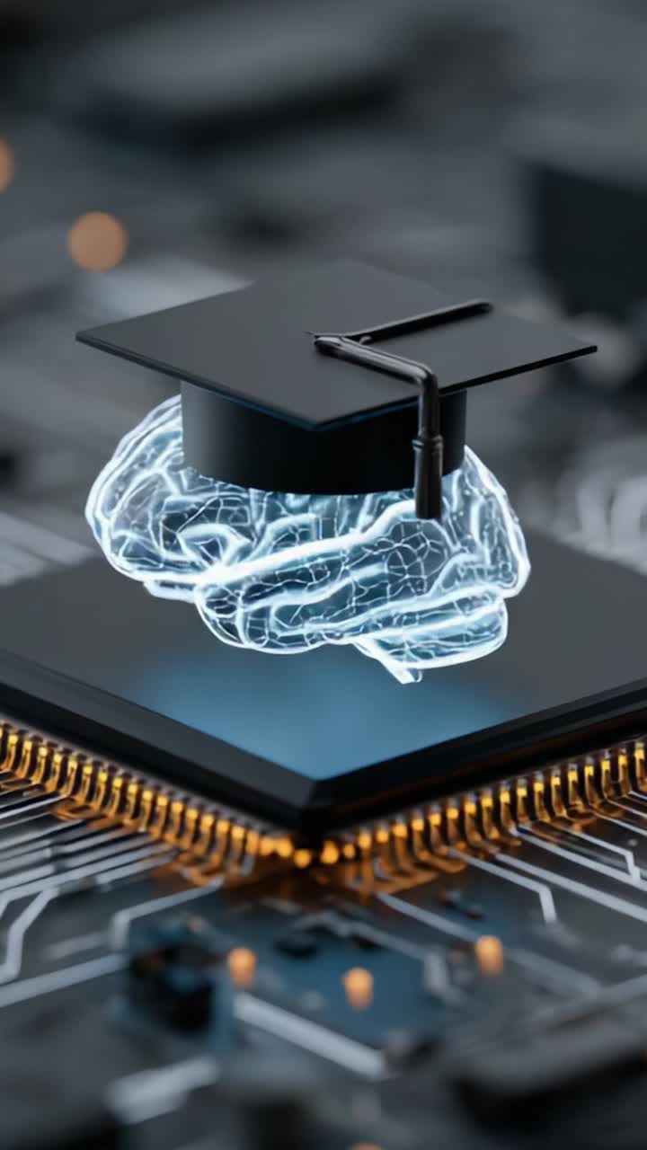 An intricate visualization of a brain adorned with a graduation cap, symbolizing the fusion of education and technology, expertly crafted on a circuit board interface