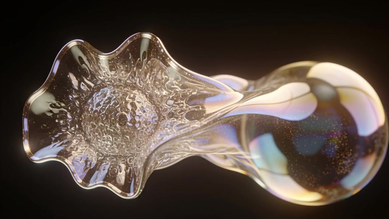 Warm lighting causing single glassy bubble twisting and unfolding in studio revealing microbubbles